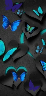 Mobile wallpaper with blue butterflies and heart shapes on a dark background.