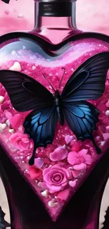 Butterfly on a heart-shaped floral arrangement wallpaper.