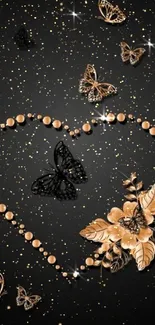 Elegant wallpaper with butterflies on a black heart and floral design.