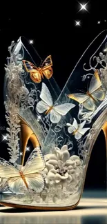 Elegant heels adorned with butterflies on dark background.