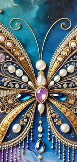 Elegant butterfly with jewels on a vibrant blue background.
