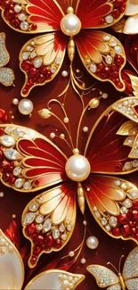 Elegant butterfly jewel design with vibrant crimson and gold.