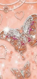 Rose gold butterfly and jewel-themed wallpaper.