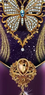 Ornate butterfly jewel on purple backdrop.
