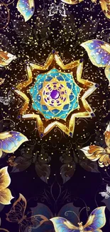 Elegant mobile wallpaper with golden butterflies and a vibrant mandala design.