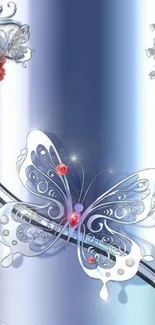 Elegant butterfly with roses in blue-gray gradient wallpaper.