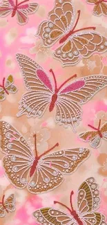 Elegant butterfly design with pink and brown floral background.