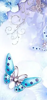 Blue butterflies on floral mobile wallpaper.