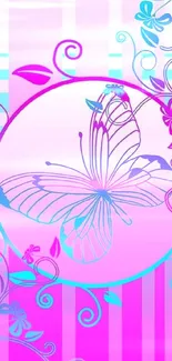 Colorful butterfly and floral design in pink and blue mobile wallpaper.