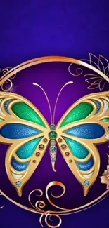 Elegant butterfly with gemstones on purple background wallpaper.