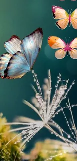 Vibrant blue butterfly on a teal background with other colorful butterflies.