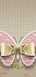 Elegant mobile wallpaper with pink butterfly and gold bow