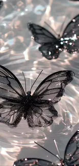 Black butterflies on shimmering water background.