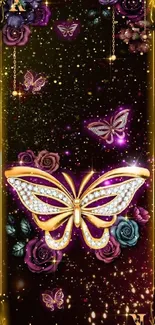 Elegant butterfly and floral pattern mobile wallpaper with golden accents.