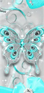 Elegant turquoise and silver butterfly with a heart and bow wallpaper.