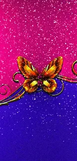 Neon butterfly on a pink and purple background.