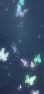 Elegant mobile wallpaper with glowing butterflies on dark blue background.