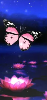 A pink butterfly above glowing pink lotus flowers on a dark blue, starry night background.