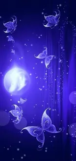 Glowing butterflies in deep blue night sky wallpaper.