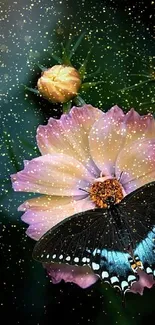 Beautiful butterfly resting on a vibrant flower with dark green background.