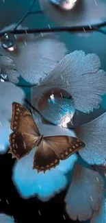 Elegant butterfly resting on delicate blue leaves with dew.