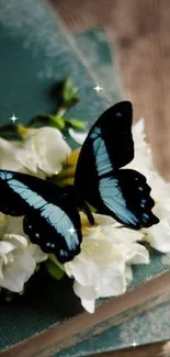 Elegant butterfly with white flowers and books on a serene background.