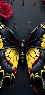 Vibrant yellow and black butterfly on dark roses wallpaper.