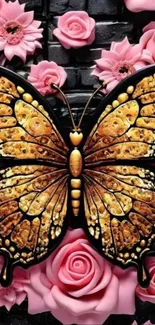 Golden butterfly on pink roses wallpaper.