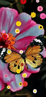 Golden butterfly resting on vibrant pink flower with colorful blossoms.