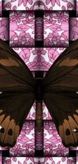 Dark butterfly on a pink floral geometric background.