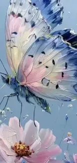 Elegant butterfly with pink flowers on a soft blue background.