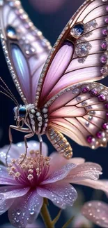 Jeweled butterfly delicately rests on a flower with sparkling accents.
