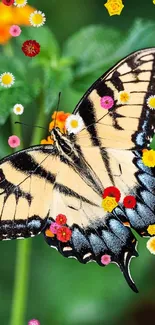 Butterfly resting on a green leaf with vibrant background