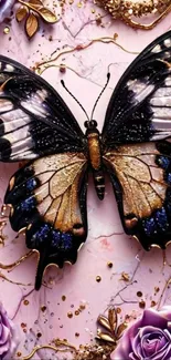 Black and gold butterfly on purple marble with roses.