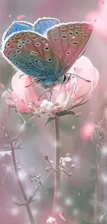 Elegant butterfly resting on a soft pink flower with pastel hues.