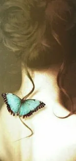 Turquoise butterfly rests on an elegant shoulder.