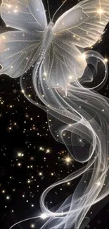 Shimmering butterfly with stars on black background.