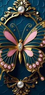 Elegant butterfly ornament with gold and pink accents on turquoise background.
