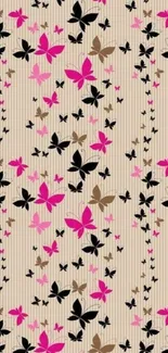 Elegant wallpaper with pink and black butterflies on beige stripes.