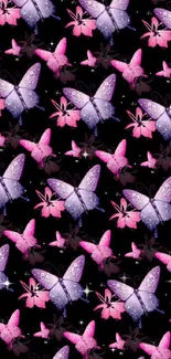 Elegant butterfly wallpaper with pink hues on black background.