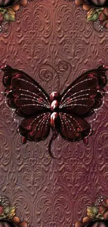 Elegant burgundy butterfly wallpaper with floral pattern.