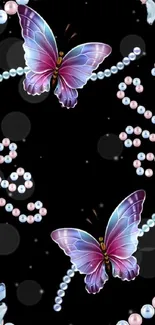 Elegant butterfly and pearl mobile wallpaper with black background.