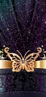 Luxurious wallpaper with golden butterfly and purple fabric design.