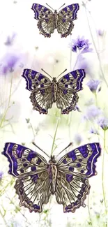 Intricate purple butterflies on a floral background mobile wallpaper.