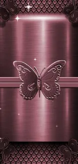 Rose metallic phone wallpaper with butterfly design.