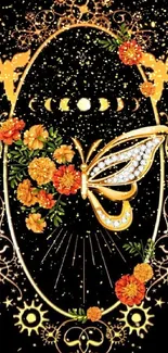 Golden butterfly and marigold floral design mobile wallpaper with celestial elements.