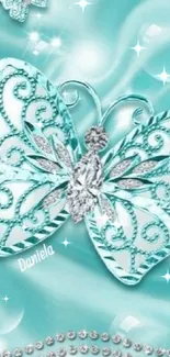 Aqua butterfly wallpaper with diamond details.