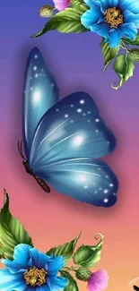 Elegant blue butterfly with flowers on a sunset background wallpaper.