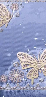 Elegant butterfly with floral designs on a blue wallpaper.