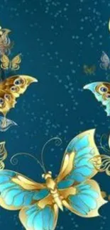 Vibrant blue and gold butterfly wallpaper design.